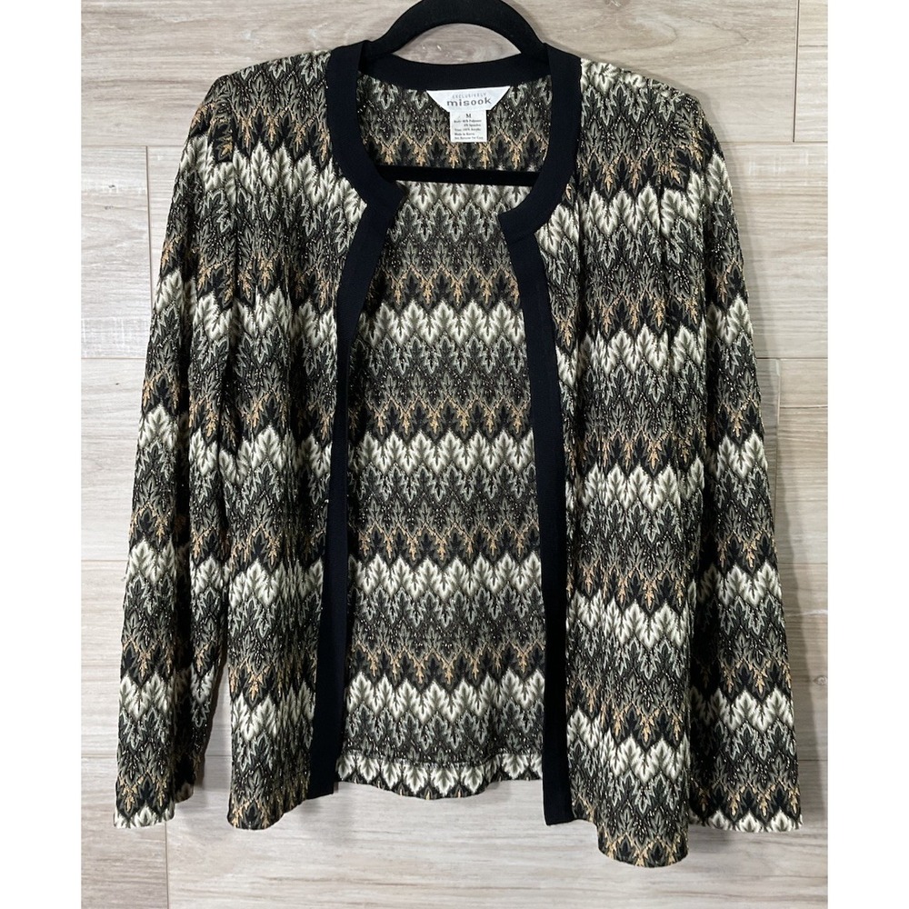 Exclusively Misook Open Front Gold Green Woven Cardigan Jacket Classic Chic M